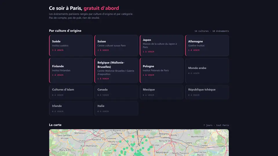 EventMap home page: Paris events grouped by culture of origin, with a map of tonight's outings