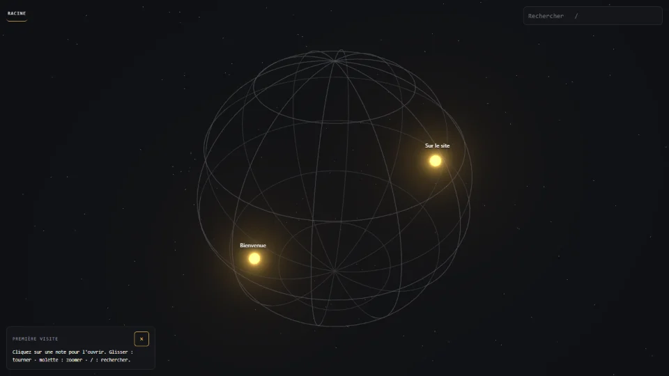 Mindmap online: a wireframe globe on a starry background, with two glowing notes — “Bienvenue” and “Sur le site”, the branch that maps this site's projects