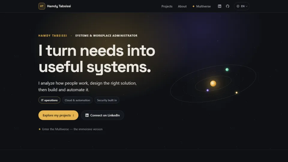 Home page of this site: “I turn needs into useful systems”, on a starry background with a small orbiting system